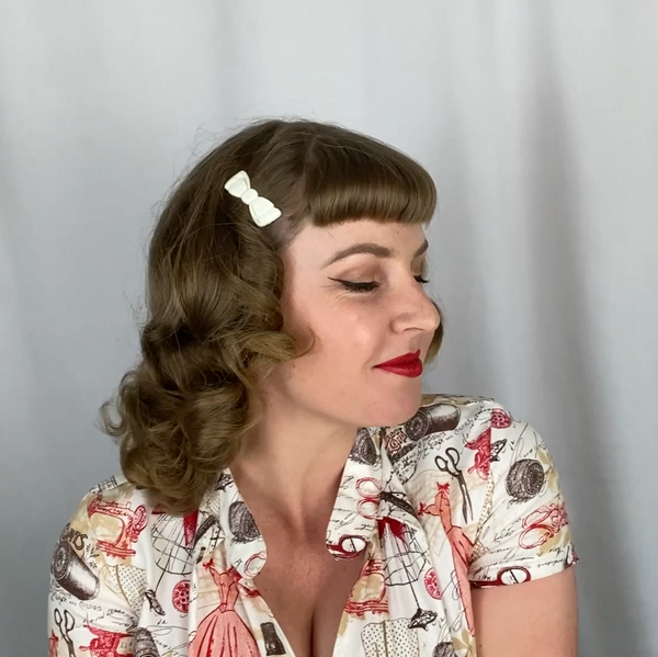 classic vintage hairstyle using vintage 1960s  white hair barrette clip